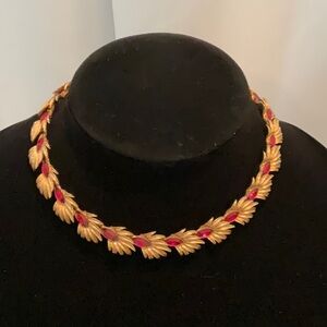 Vintage Linked Gold Tone Ruby Red Stones Choker Necklace
